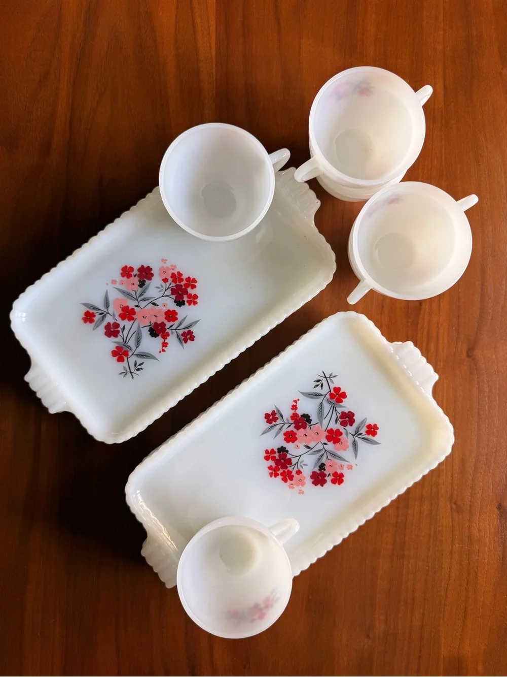 Anchor Hocking White Milk Glass Snack Trays and Cups with Red Floral Pattern